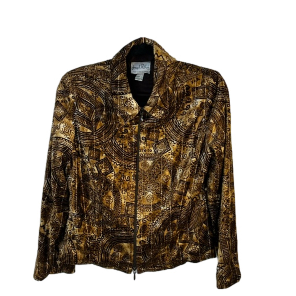 VINTAGE JOSEPH RIBKOFF Velvet Zippered Jacket Tribal Brown & Gold, Sequins M/L